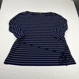 Lauren Ralph Lauren Womens Tie Waist Blouse Striped Boatneck 3/4 Sleeve Shirt 1X